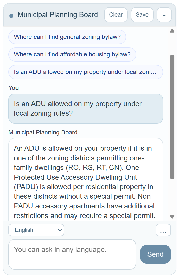 Planning board chat widget with zoning and housing questions