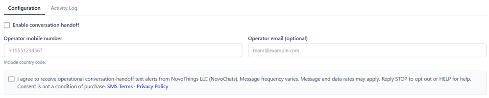 NovoChats Conversation Handoff configuration showing the operator mobile number field and an unchecked SMS consent checkbox with the complete disclosure